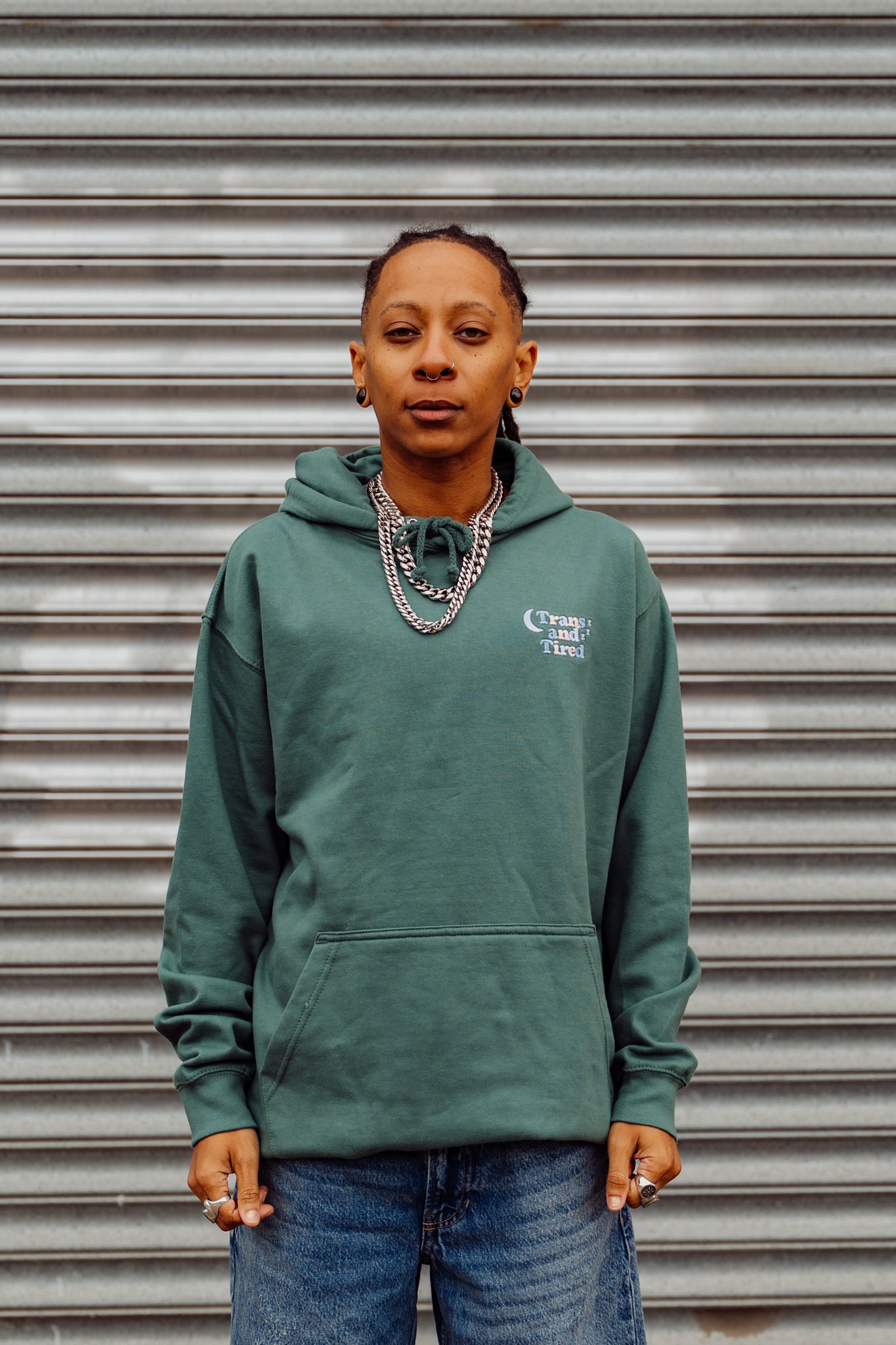 Trans and Tired Trans Flag Colours Embroidered Hoodie