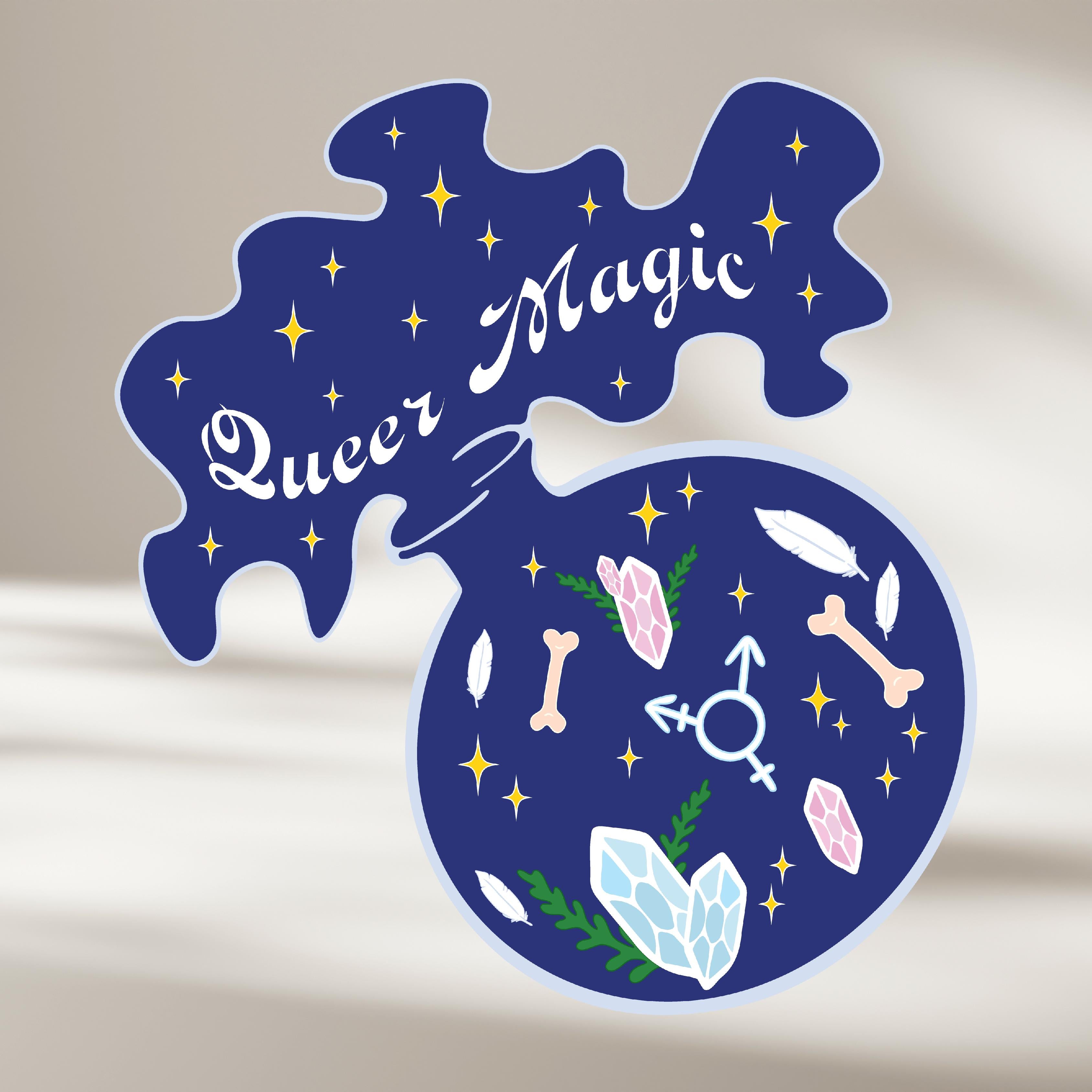 Decorativepotion bottle graphic with 'Queer Magic' text and symbols on a blue background
